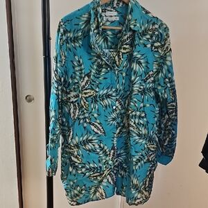 C&C California Turquoise Tropical Leaf Linen Shirt